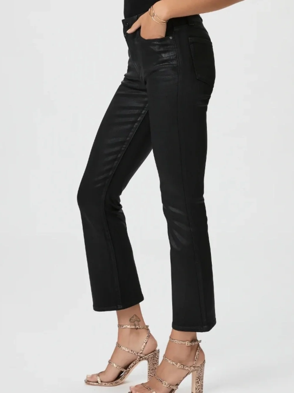 PAIGE Claudine High-Rise Ankle Flare Pants Black Fog Luxe Coated Size 26
